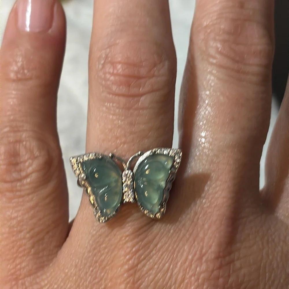 S925 Natural Jade Butterfly Sterling Silver Adjustable Ring